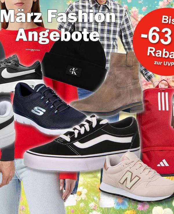 Mode Bilder von Schuhen und Kleidung von Marken wie Puma, Adidas, Nike, Tommy Hilfiger, Calvin Klein, Levi's, New Balance und mehr vor einer bunten sonnigen Frühlingswiese mit Blumen im Comic-Style.