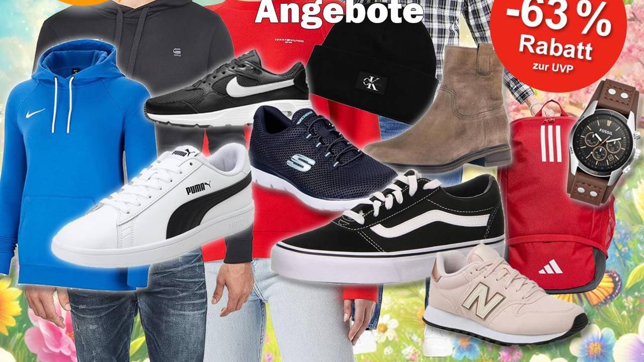 Mode Bilder von Schuhen und Kleidung von Marken wie Puma, Adidas, Nike, Tommy Hilfiger, Calvin Klein, Levi's, New Balance und mehr vor einer bunten sonnigen Frühlingswiese mit Blumen im Comic-Style.