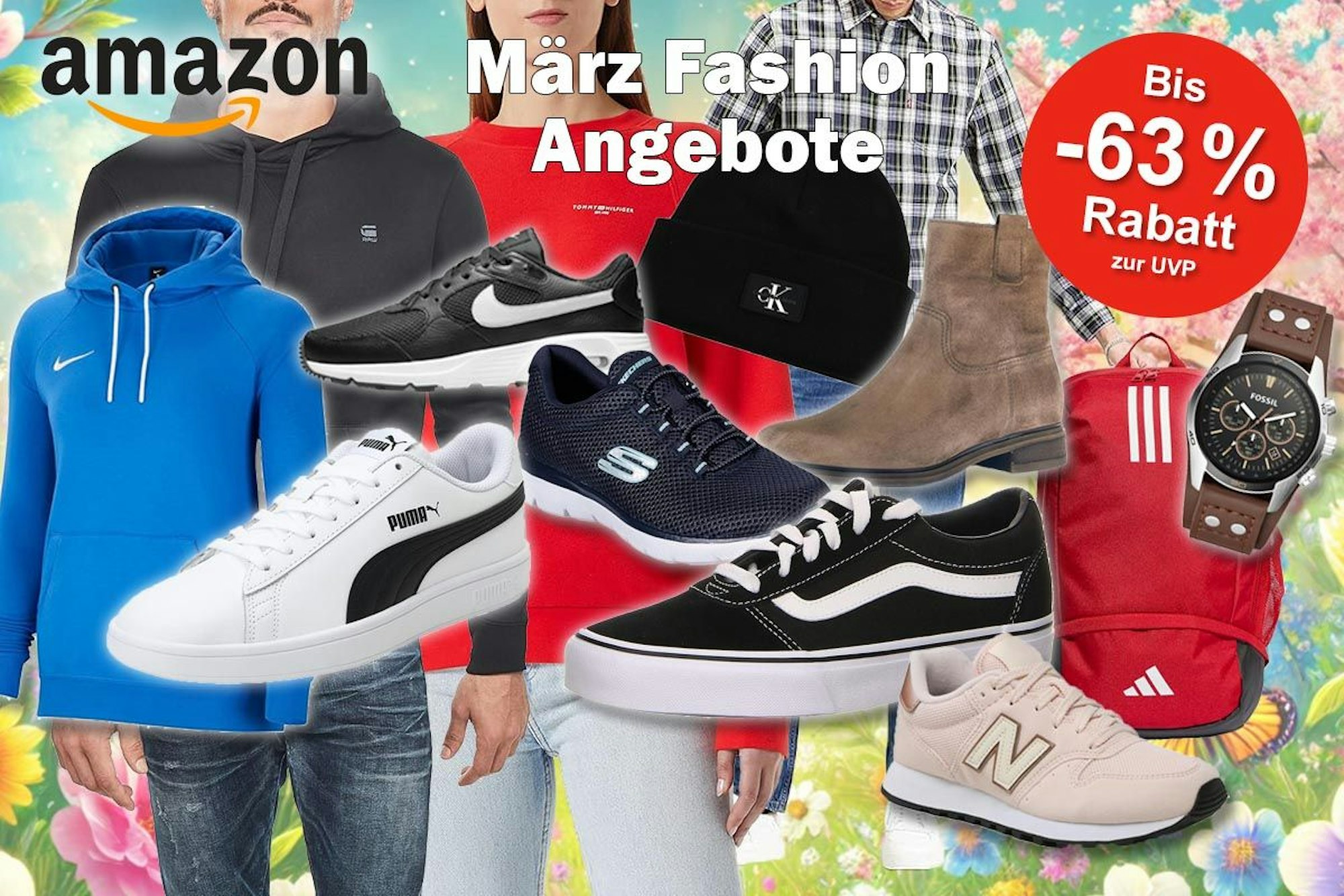 Mode Bilder von Schuhen und Kleidung von Marken wie Puma, Adidas, Nike, Tommy Hilfiger, Calvin Klein, Levi's, New Balance und mehr vor einer bunten sonnigen Frühlingswiese mit Blumen im Comic-Style.