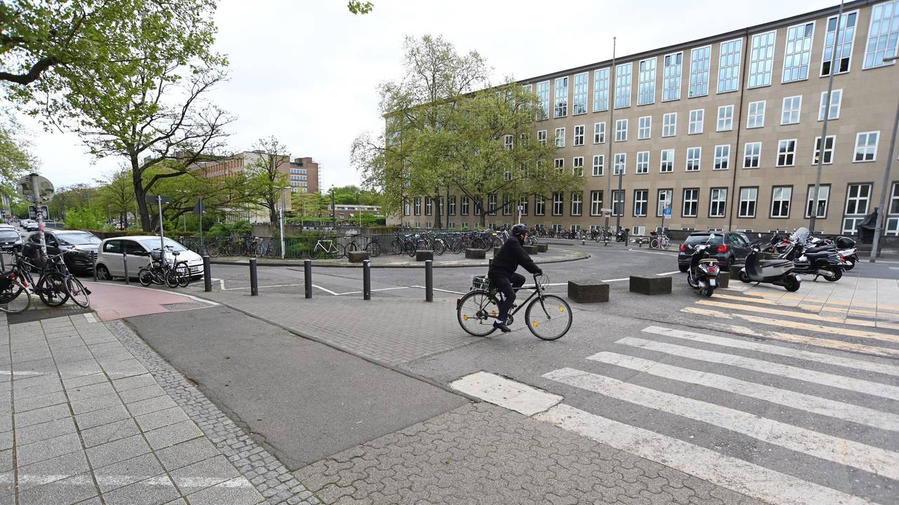 Ein Radfahrer und mehrere Autos stehen auf dem Albertus-Magnus-Platz vor der Universität zu Köln.
