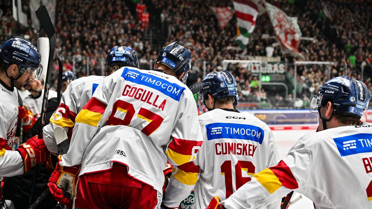 Die Profis der Düsseldorfer EG beim DEL-Spiel in Augsburg vor ihrer Bank.