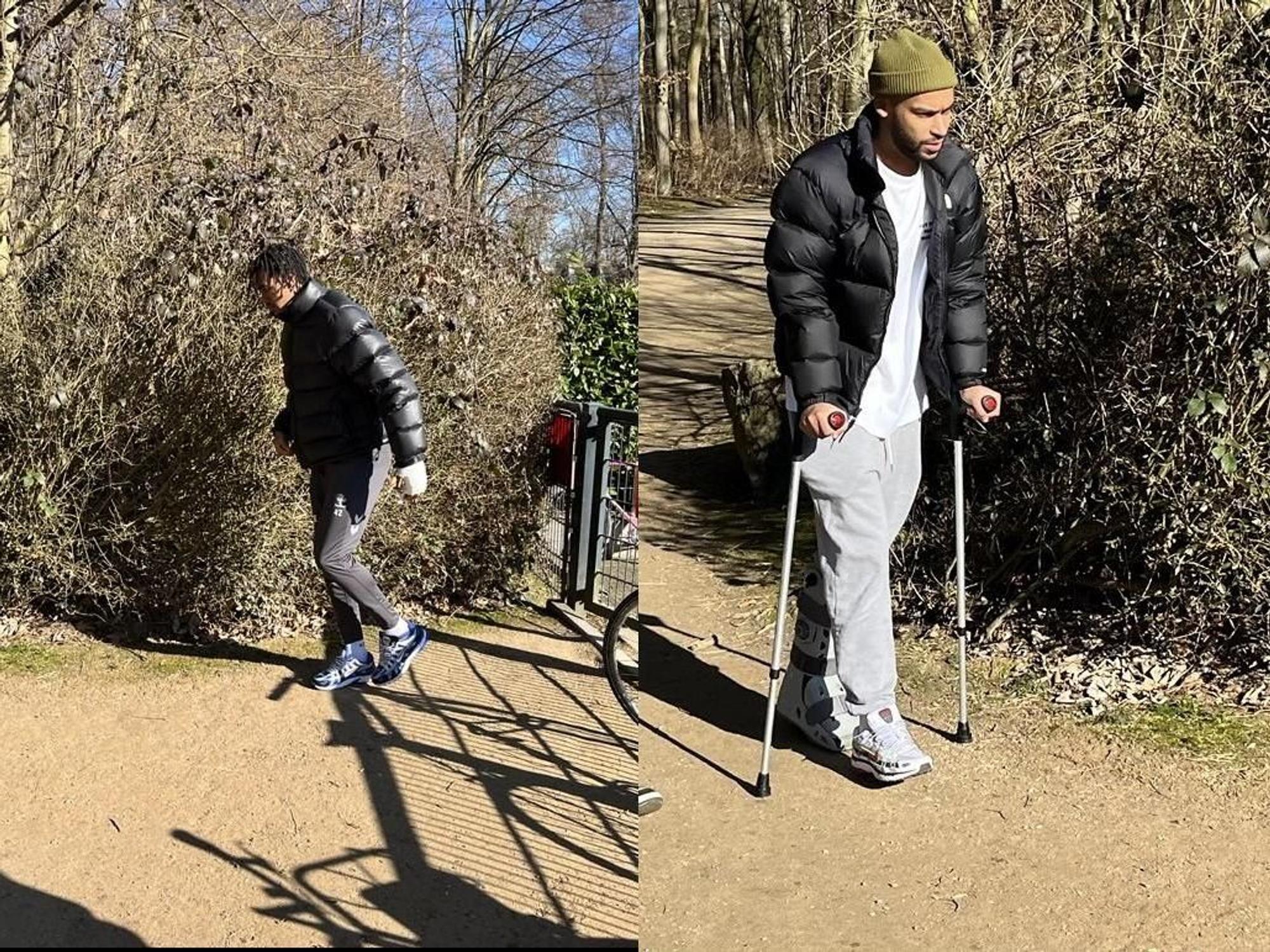 Linton Maina auf Krücken, Damion Downs mit Gips am Arm.