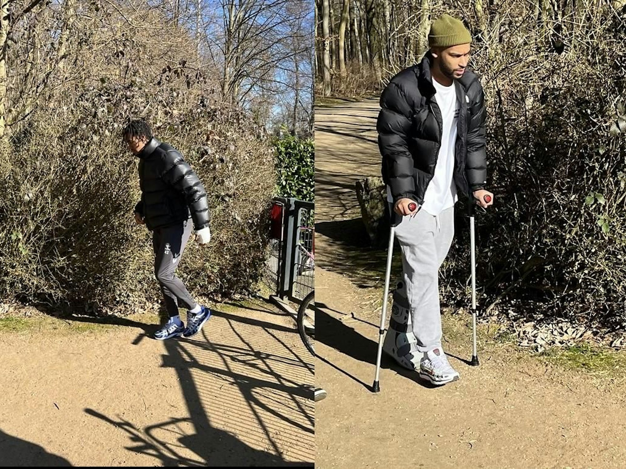 Linton Maina auf Krücken, Damion Downs mit Gips am Arm.