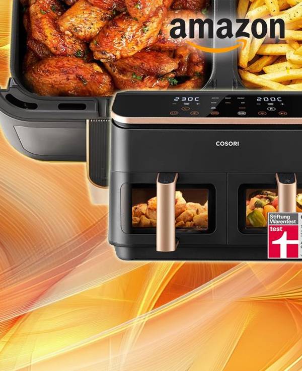 Darstellung der Cosori 2-Kammern Heißluftfritteuse auf einem gelb-rotem Hintergrund.