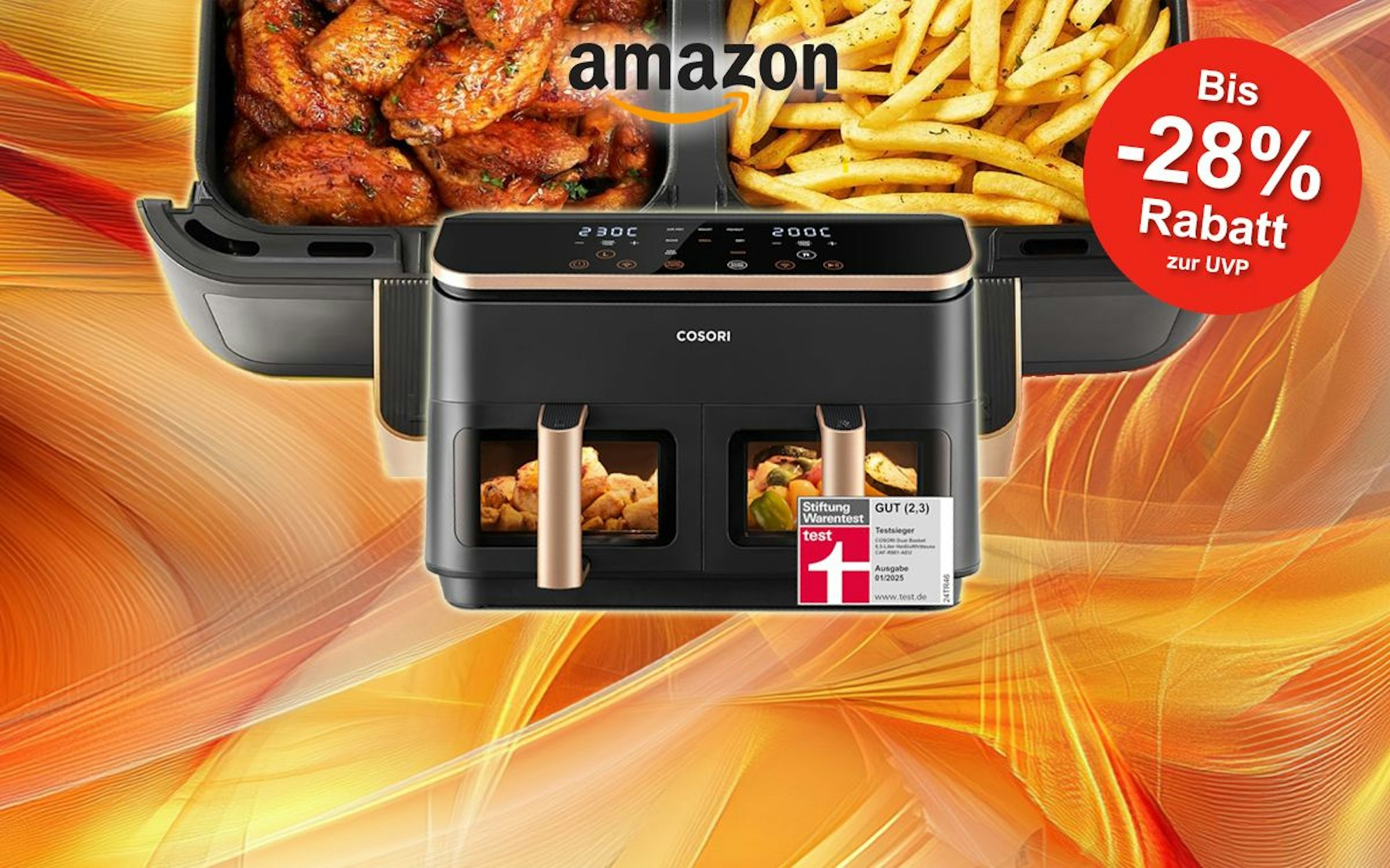 Darstellung der Cosori 2-Kammern Heißluftfritteuse auf einem gelb-rotem Hintergrund.