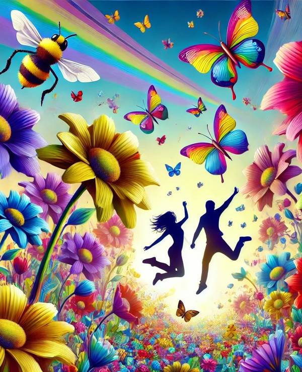 Ein Mann und eine Frau springen freudig in die Luft, drumherum viele bunte Blumen. Bild im Comic-Stil.