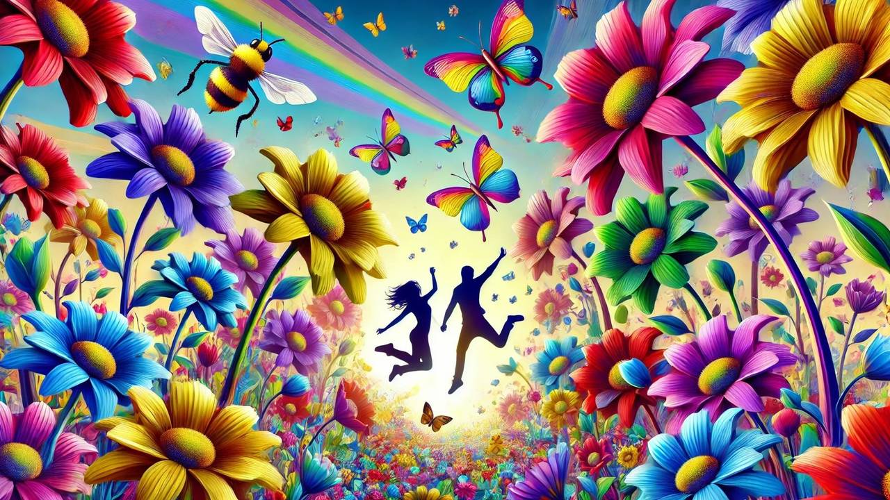 Ein Mann und eine Frau springen freudig in die Luft, drumherum viele bunte Blumen. Bild im Comic-Stil.
