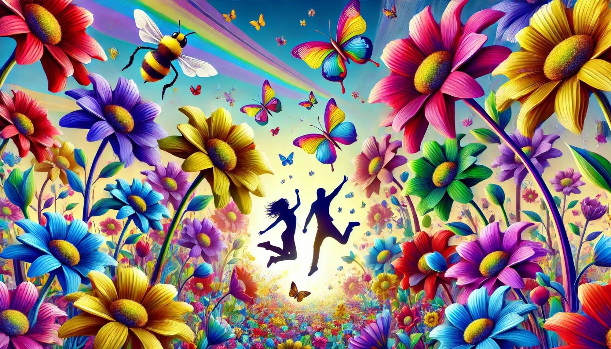 Ein Mann und eine Frau springen freudig in die Luft, drumherum viele bunte Blumen. Bild im Comic-Stil.
