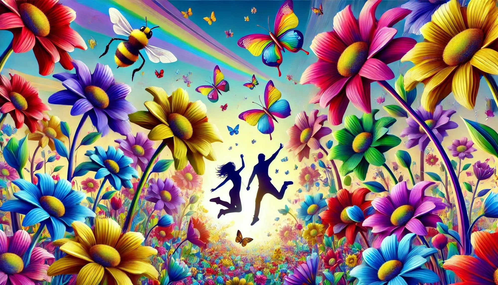 Ein Mann und eine Frau springen freudig in die Luft, drumherum viele bunte Blumen. Bild im Comic-Stil.