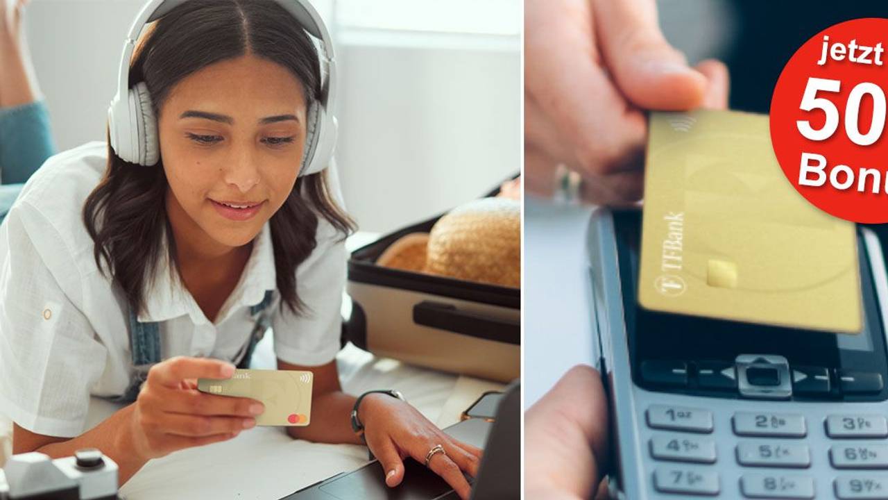 Eine junge Frau liegt auf einem Bett und liest ihre Kreditkarten Nummer von der TF Mastercard Gold ab. Sie tippt auf einer Laptop Tastatur.