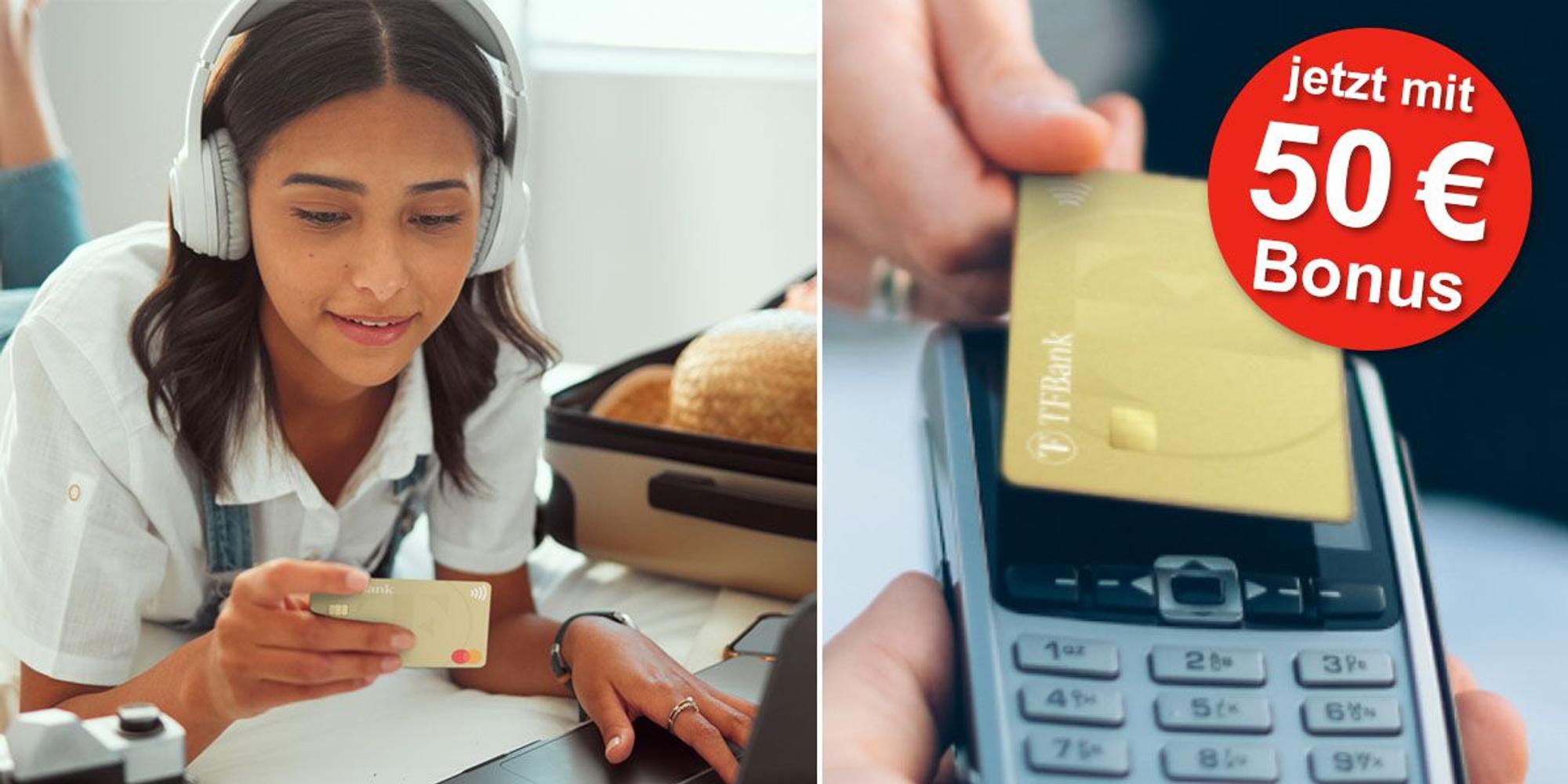 Eine junge Frau liegt auf einem Bett und liest ihre Kreditkarten Nummer von der TF Mastercard Gold ab. Sie tippt auf einer Laptop Tastatur.