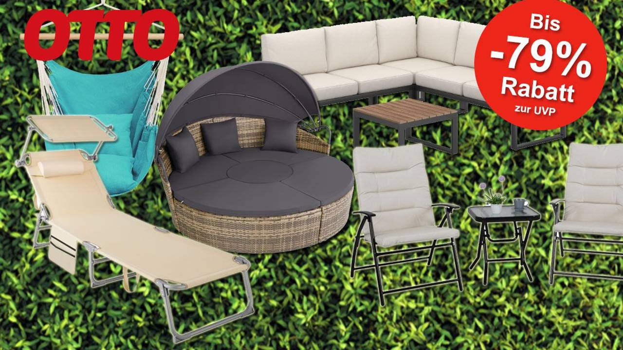 Eine Darstellung von Gartenmöbeln im OTTO Sale, platziert vor einem grünen, blätterartigen Hintergrund. Die Werbegrafik zeigt eine Hängematte, eine Sonnenliege, eine runde Rattan-Lounge, eine Ecksofa-Garnitur und zwei Relaxstühle mit Tisch.