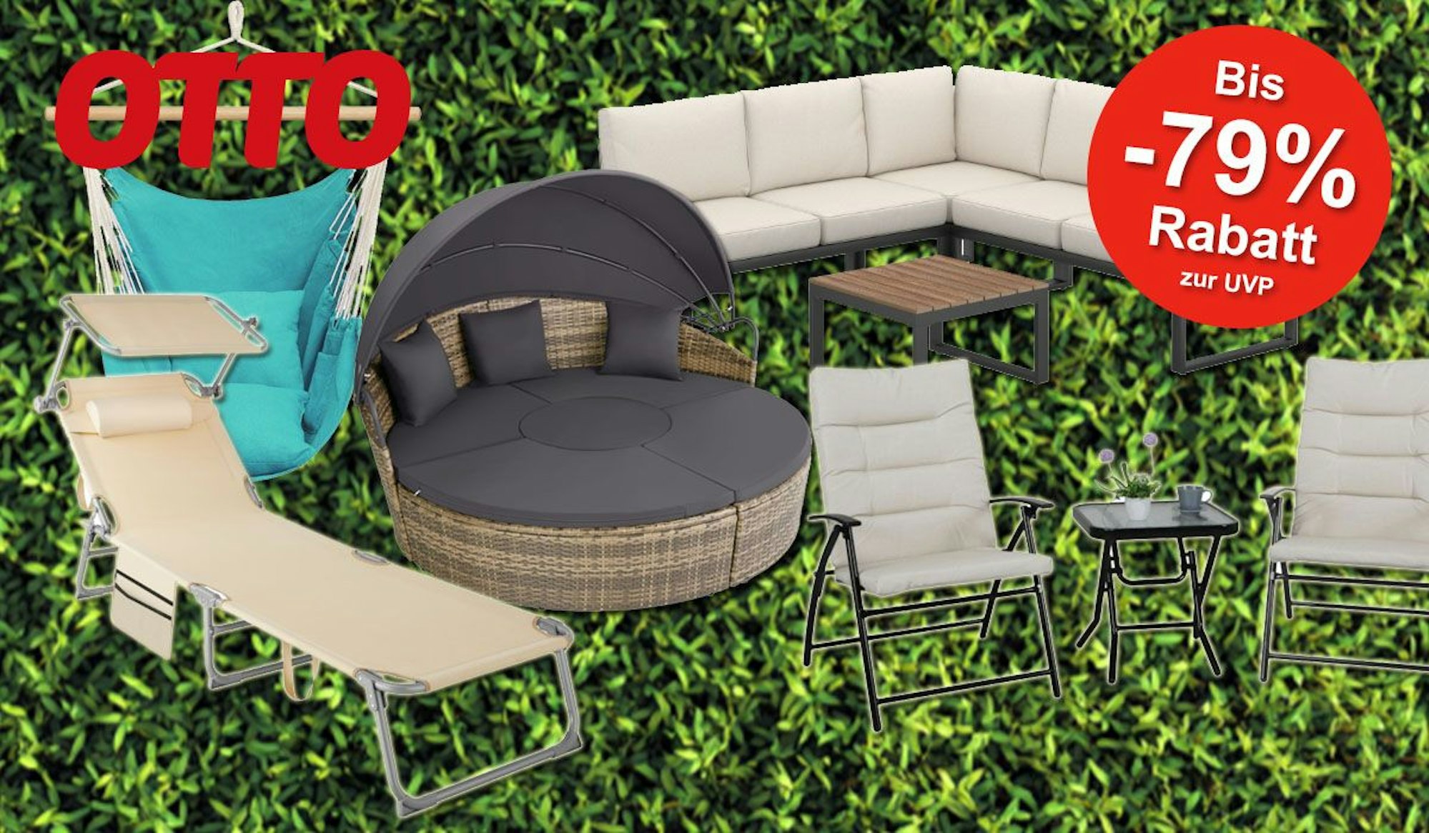 Eine Darstellung von Gartenmöbeln im OTTO Sale, platziert vor einem grünen, blätterartigen Hintergrund. Die Werbegrafik zeigt eine Hängematte, eine Sonnenliege, eine runde Rattan-Lounge, eine Ecksofa-Garnitur und zwei Relaxstühle mit Tisch.