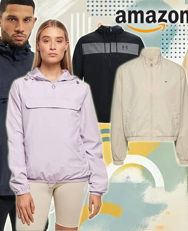 Anordnung verschiedener Windbreaker Jacken vor einem Hintergrund mit einem Muster.