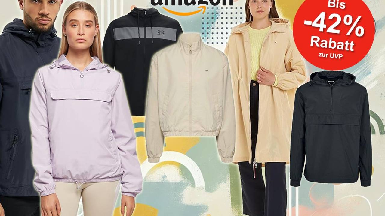 Anordnung verschiedener Windbreaker Jacken vor einem Hintergrund mit einem Muster.