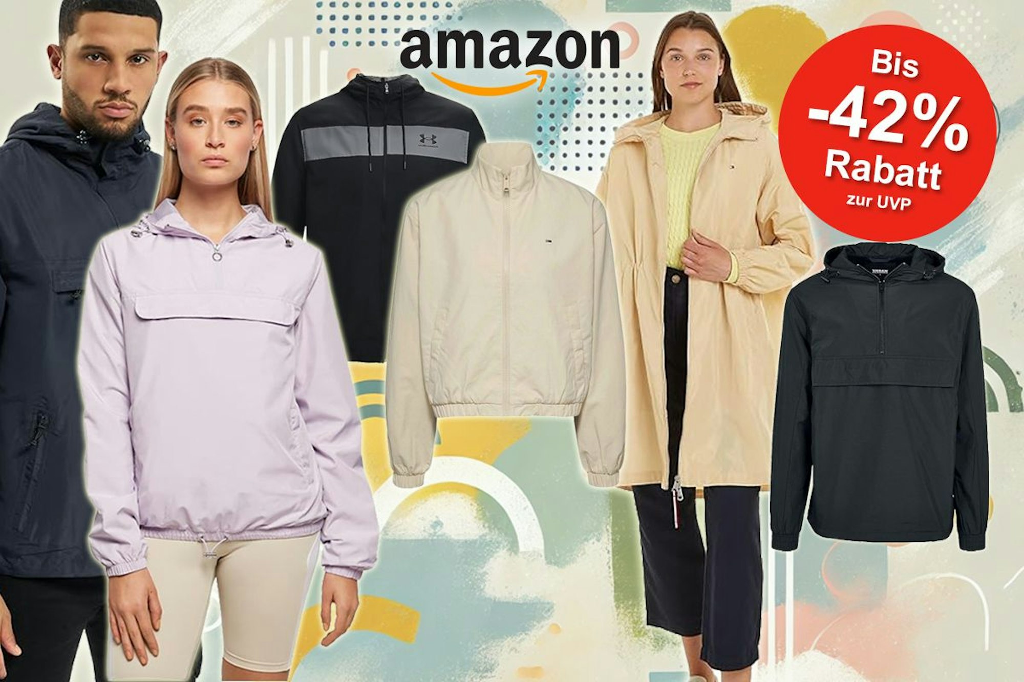 Anordnung verschiedener Windbreaker Jacken vor einem Hintergrund mit einem Muster.