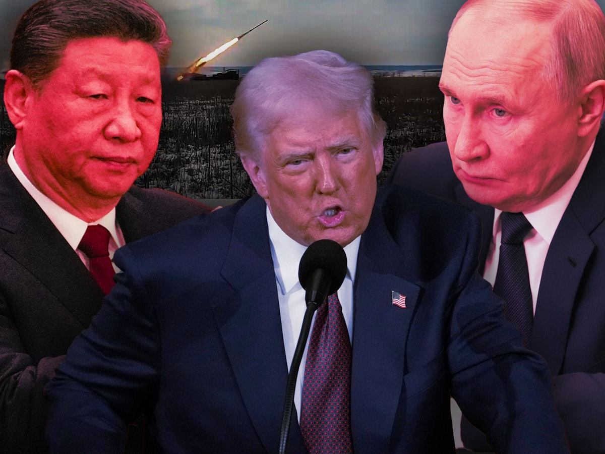 Xi Jinping, Donald Trump, Wladimir Putin (v.l.), im Hintergrund ein 220-mm-Mehrfachraketenwerfer Uragan (Foto vom russischen Verteidigungsministerium): Fachleute sehen eine düstere Zukunft voraus.