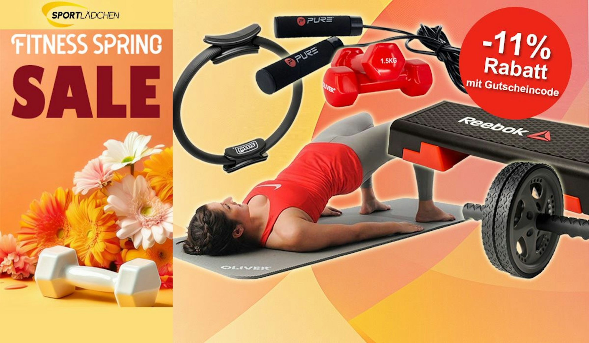 Aktionsbild Fitness Spring Sale: gelb-oranger Hintergrund, davor sind Blumen, eine Hantel und eine Yogamatte platziert. Auf der rechten Seite sind verschiedene Fitnessprodukte vor einem gelb-orangenen Hintergrund platziert.