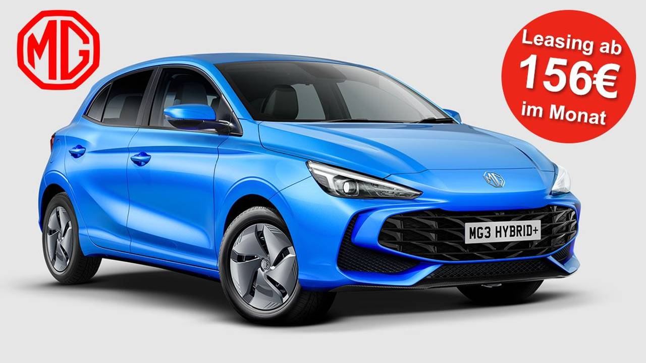 Abbildung von einem blauen MG3 Hybrid+ Auto vor einem grauen Hintergund