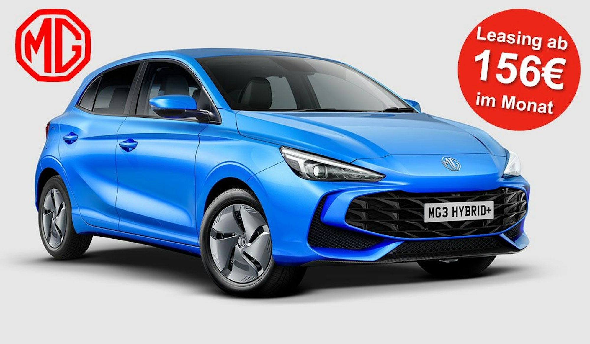 Abbildung von einem blauen MG3 Hybrid+ Auto vor einem grauen Hintergund