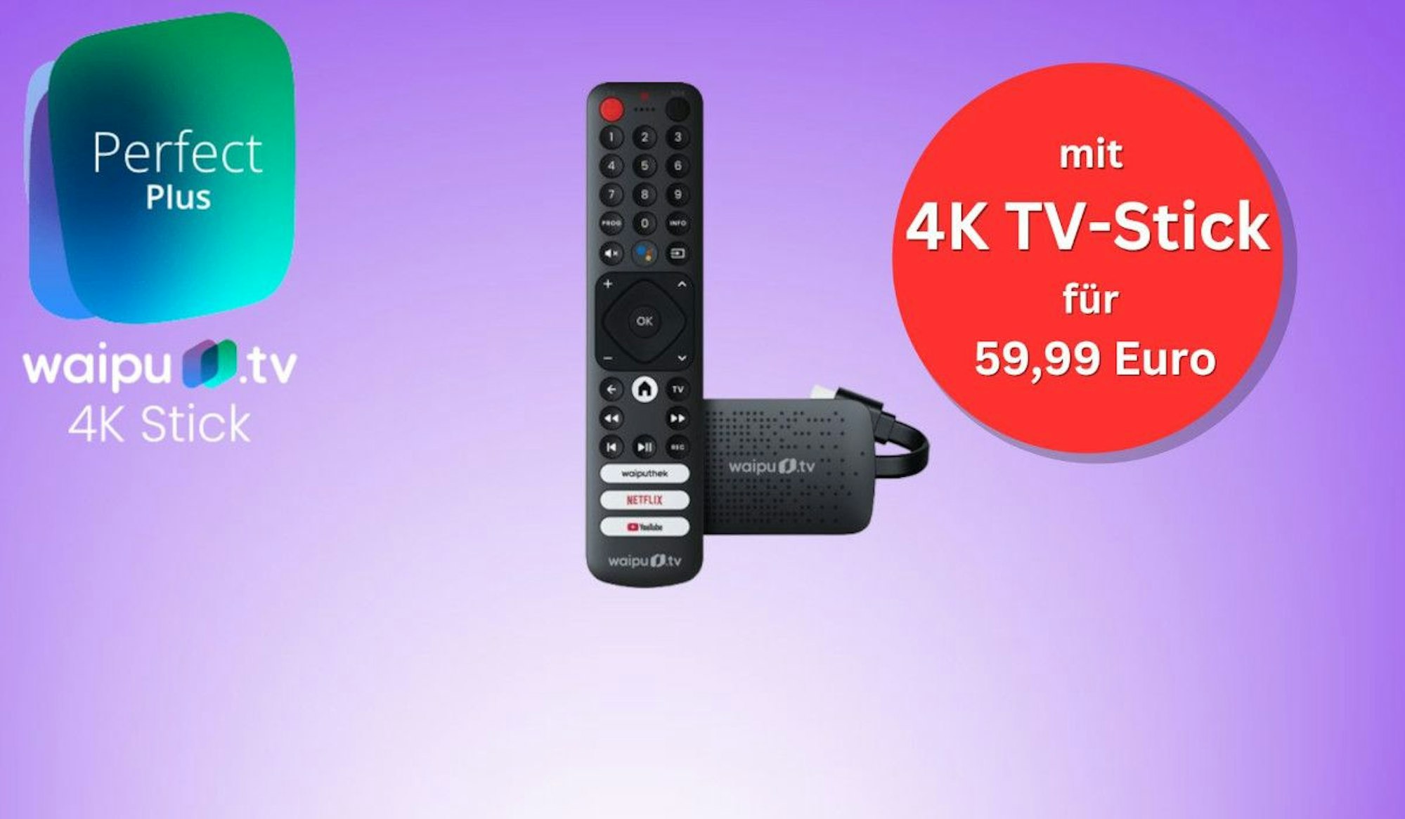 Waipu TV-Stick und Fernbedienung vor lila weißem Hintergrund.