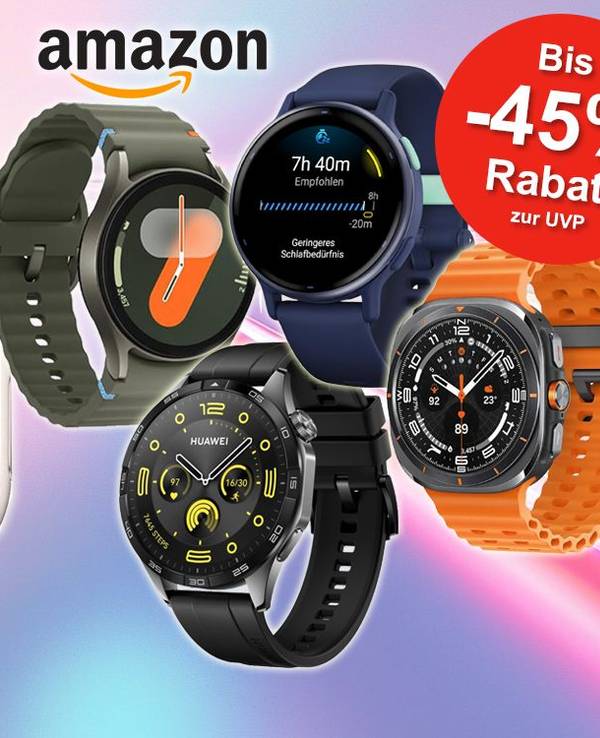 Anordnung verschiedener Smartwatch Modelle von Marken wie Samsung, Garmin, Huawei und Apple