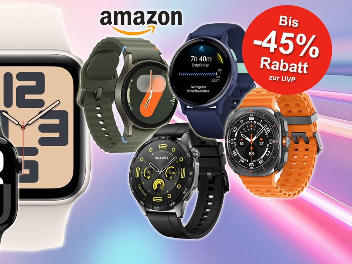 Anordnung verschiedener Smartwatch Modelle von Marken wie Samsung, Garmin, Huawei und Apple