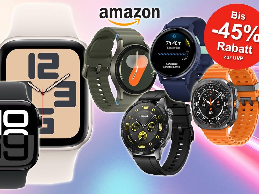 Anordnung verschiedener Smartwatch Modelle von Marken wie Samsung, Garmin, Huawei und Apple