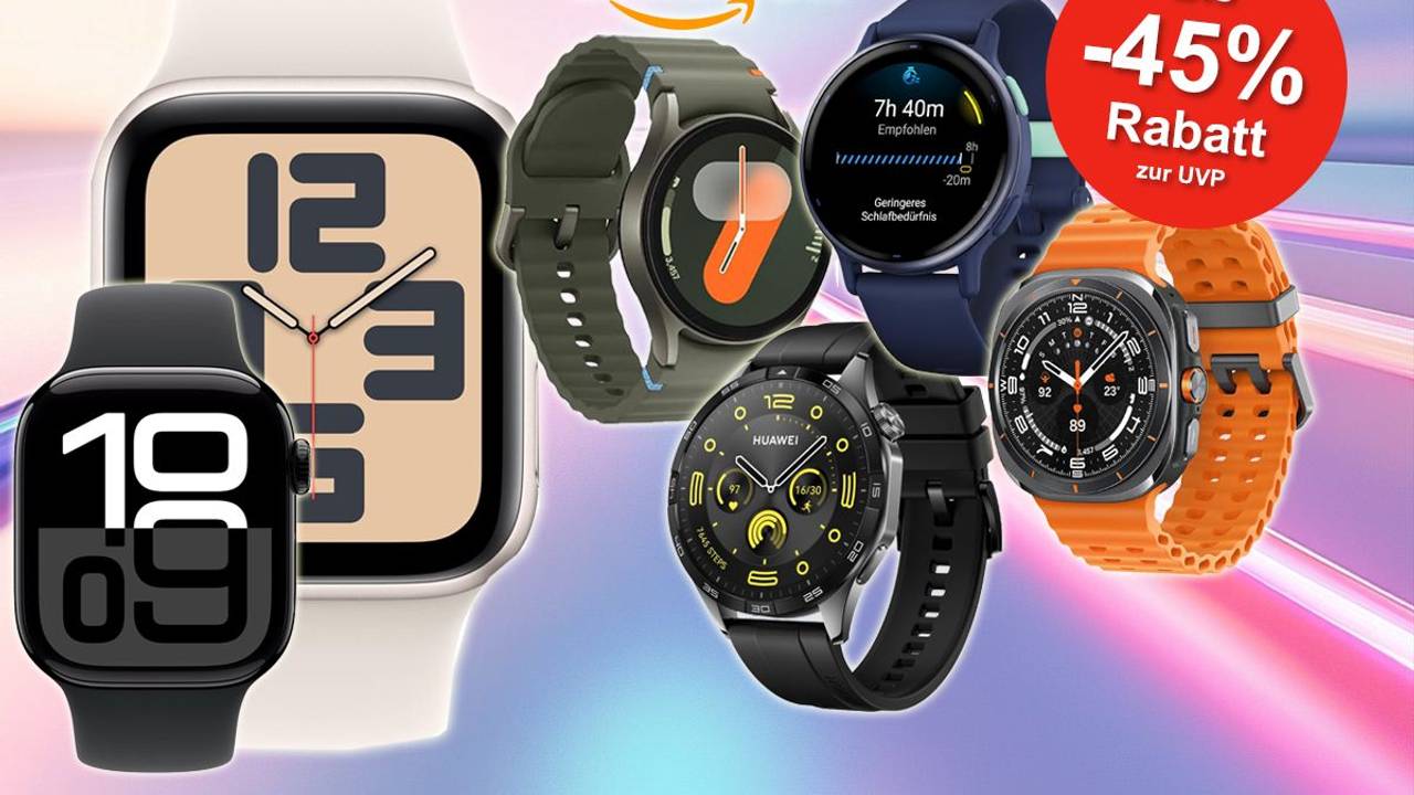 Anordnung verschiedener Smartwatch Modelle von Marken wie Samsung, Garmin, Huawei und Apple