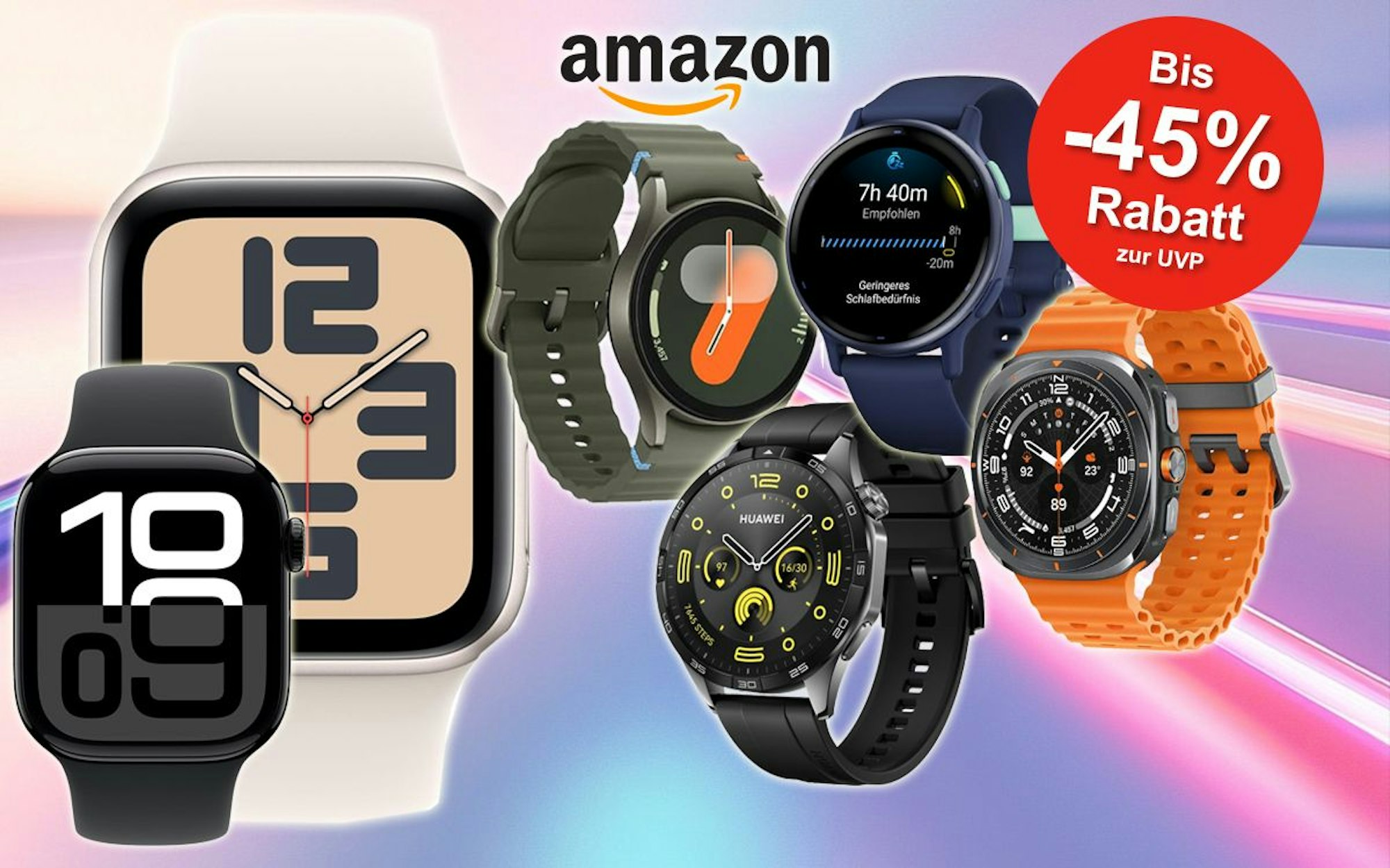 Anordnung verschiedener Smartwatch Modelle von Marken wie Samsung, Garmin, Huawei und Apple