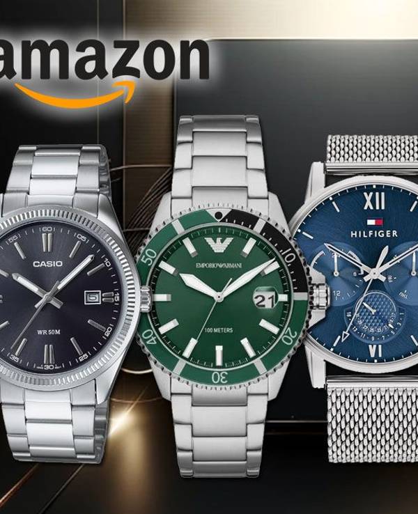 Das Bild zeigt eine Werbegrafik für den Amazon Herrenuhren Sale, mit fünf hochwertigen Herrenuhren von Marken wie Casio, Emporio Armani, Tommy Hilfiger und Fossil vor einem luxuriösen dunklen Hintergrund mit goldenen Akzenten.