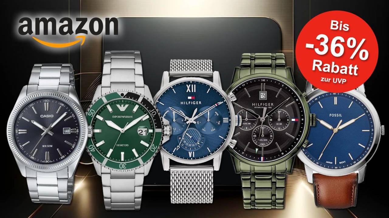 Das Bild zeigt eine Werbegrafik für den Amazon Herrenuhren Sale, mit fünf hochwertigen Herrenuhren von Marken wie Casio, Emporio Armani, Tommy Hilfiger und Fossil vor einem luxuriösen dunklen Hintergrund mit goldenen Akzenten.
