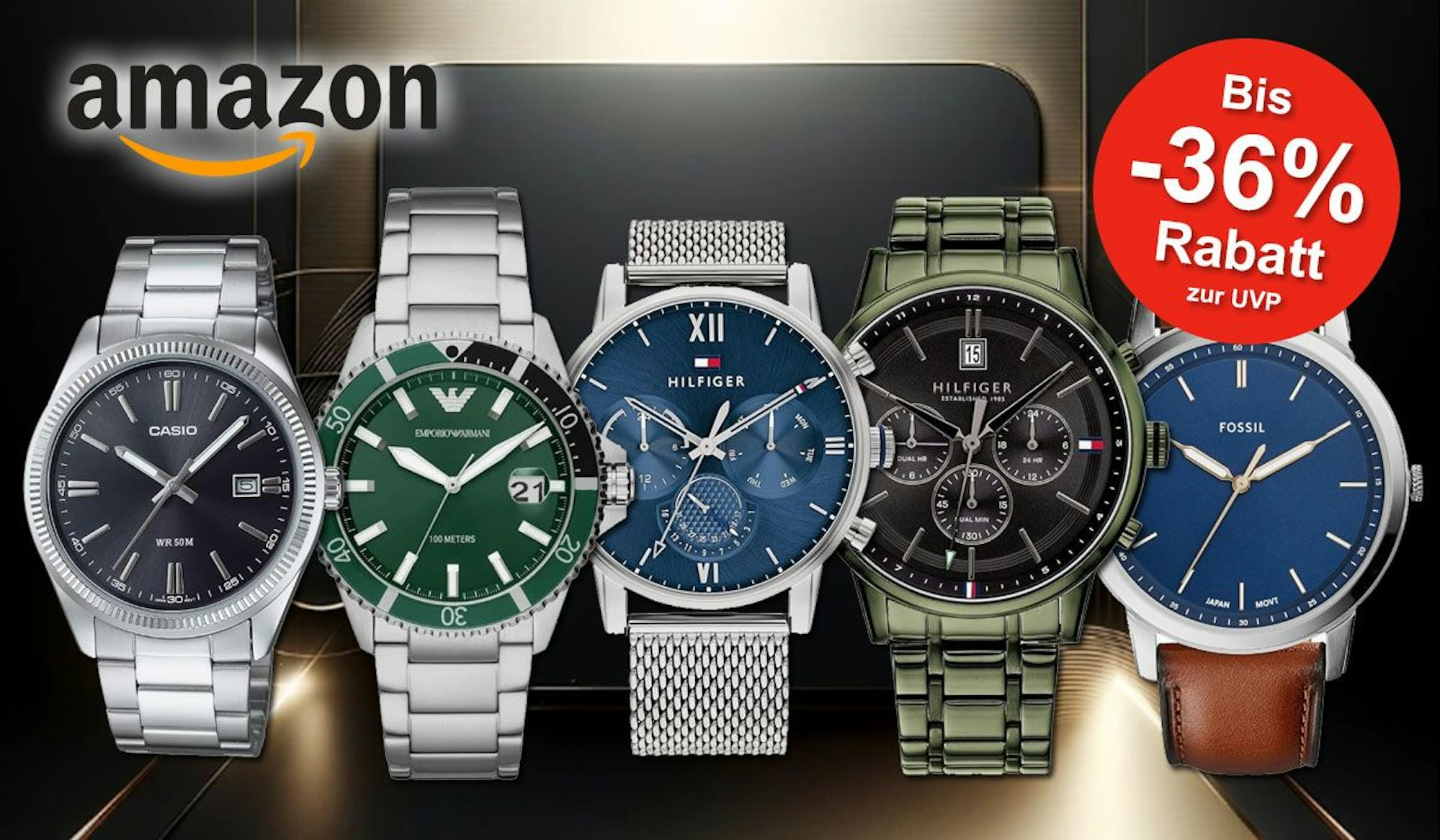 Das Bild zeigt eine Werbegrafik für den Amazon Herrenuhren Sale, mit fünf hochwertigen Herrenuhren von Marken wie Casio, Emporio Armani, Tommy Hilfiger und Fossil vor einem luxuriösen dunklen Hintergrund mit goldenen Akzenten.