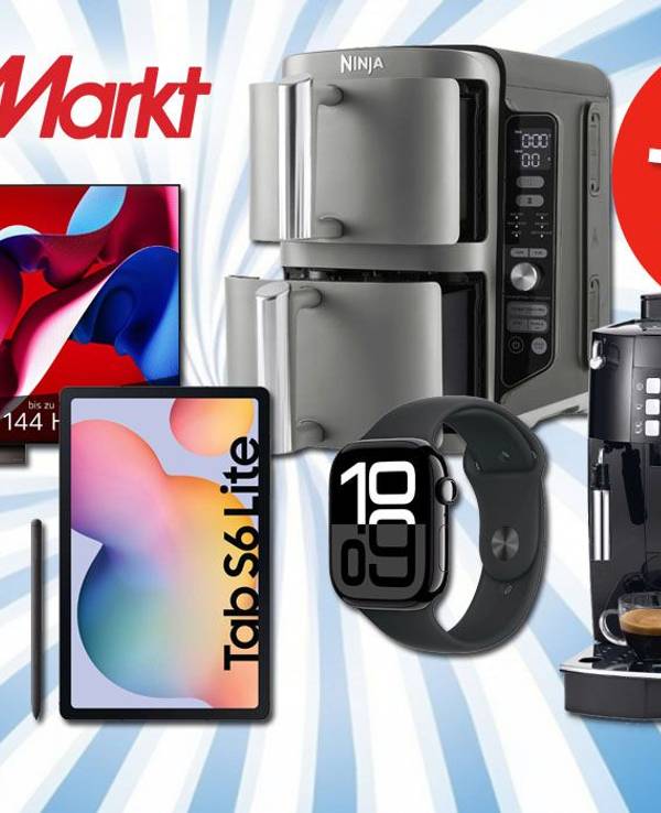 Das Bild zeigt eine Werbegrafik für die MediaMarkt Frühlingsdeals, mit einem auffälligen blau-weißen Spiralmuster im Hintergrund. Im Vordergrund sind reduzierte Technik-Highlights wie ein LG OLED TV, iPhones, ein Samsung Tablet, eine Apple Watch, eine Ninja Heißluftfritteuse und eine De'Longhi Kaffeemaschine.