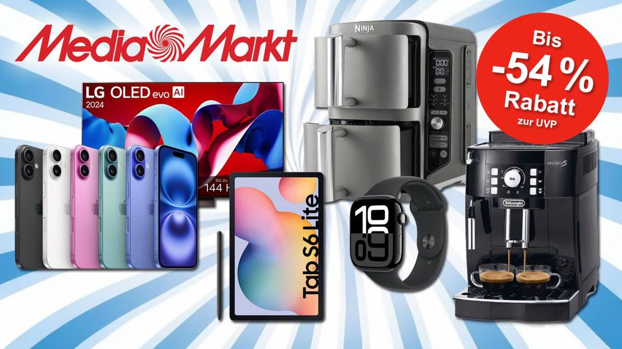 Das Bild zeigt eine Werbegrafik für die MediaMarkt Frühlingsdeals, mit einem auffälligen blau-weißen Spiralmuster im Hintergrund. Im Vordergrund sind reduzierte Technik-Highlights wie ein LG OLED TV, iPhones, ein Samsung Tablet, eine Apple Watch, eine Ninja Heißluftfritteuse und eine De'Longhi Kaffeemaschine.