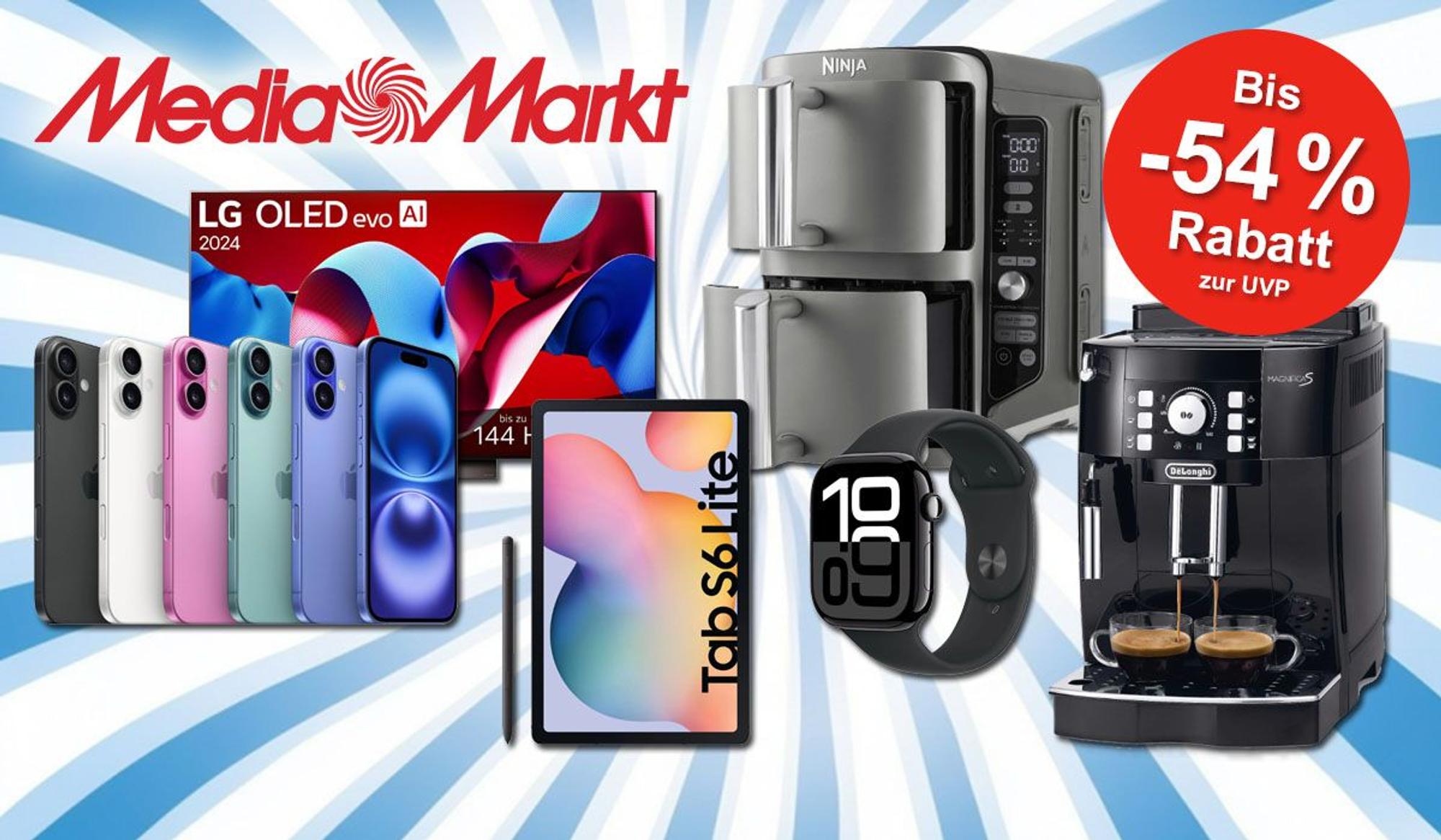 Das Bild zeigt eine Werbegrafik für die MediaMarkt Frühlingsdeals, mit einem auffälligen blau-weißen Spiralmuster im Hintergrund. Im Vordergrund sind reduzierte Technik-Highlights wie ein LG OLED TV, iPhones, ein Samsung Tablet, eine Apple Watch, eine Ninja Heißluftfritteuse und eine De'Longhi Kaffeemaschine.