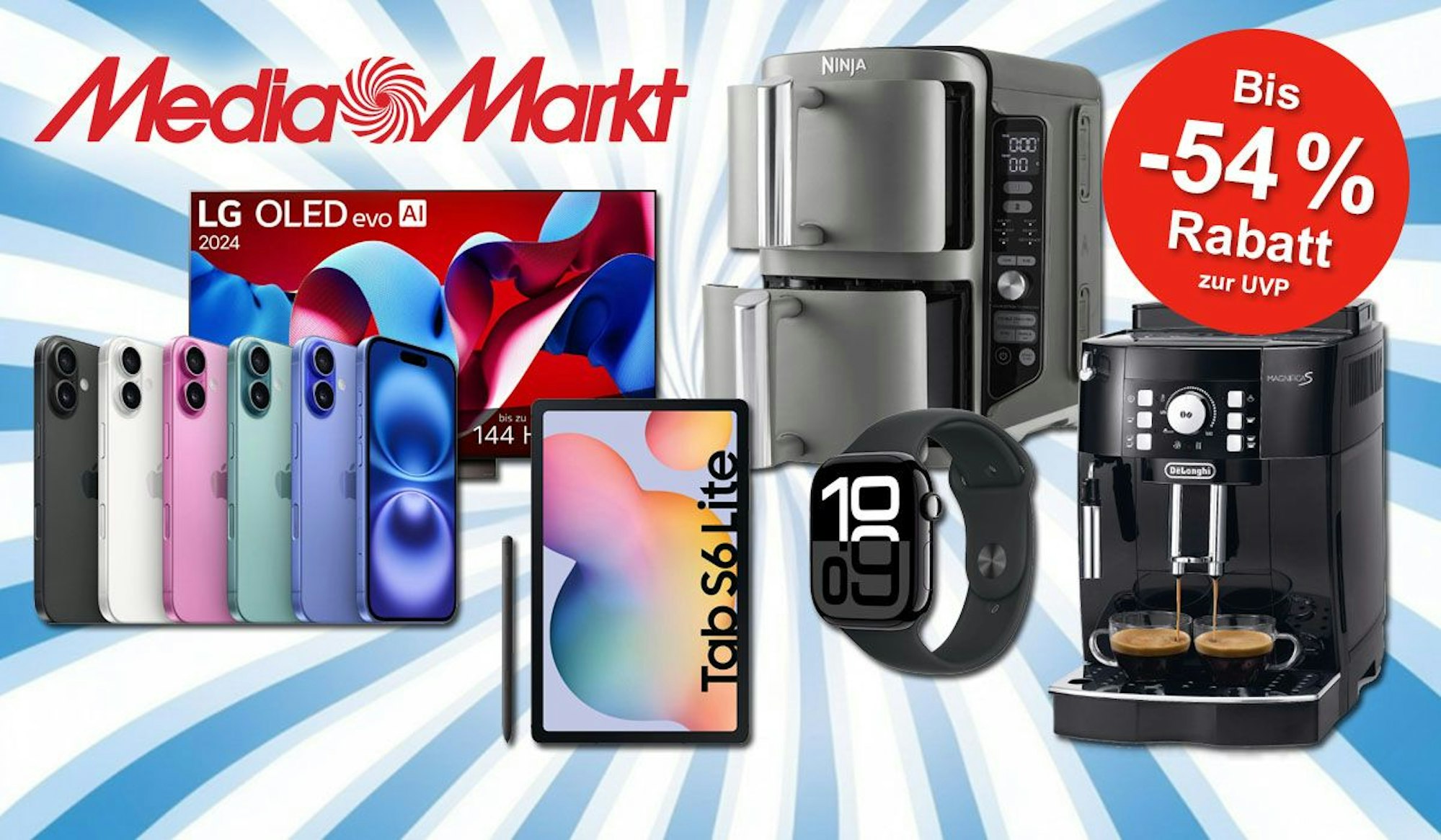 Das Bild zeigt eine Werbegrafik für die MediaMarkt Frühlingsdeals, mit einem auffälligen blau-weißen Spiralmuster im Hintergrund. Im Vordergrund sind reduzierte Technik-Highlights wie ein LG OLED TV, iPhones, ein Samsung Tablet, eine Apple Watch, eine Ninja Heißluftfritteuse und eine De'Longhi Kaffeemaschine.