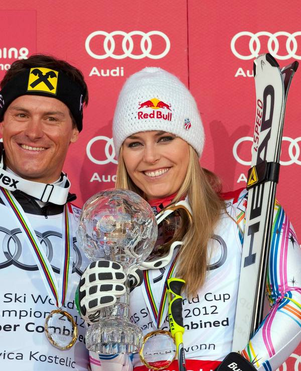 Ivica Kostelic und Lindsey Vonn poiseren mit der kleinen Kristallkugel.