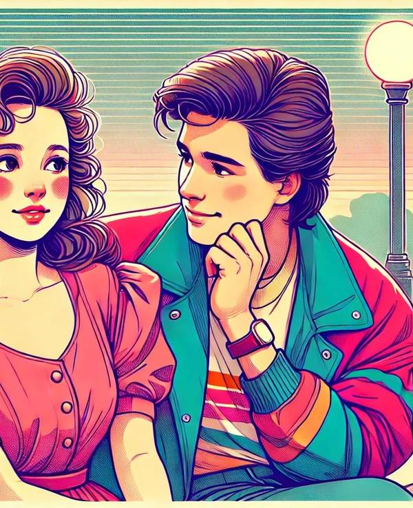 Junger Mann und junge Frau sitzen auf einer Parkbank und flirten beim Date. Bild im Comic-Stil.