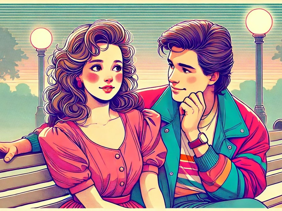 Junger Mann und junge Frau sitzen auf einer Parkbank und flirten beim Date. Bild im Comic-Stil.