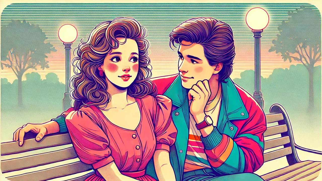 Junger Mann und junge Frau sitzen auf einer Parkbank und flirten beim Date. Bild im Comic-Stil.