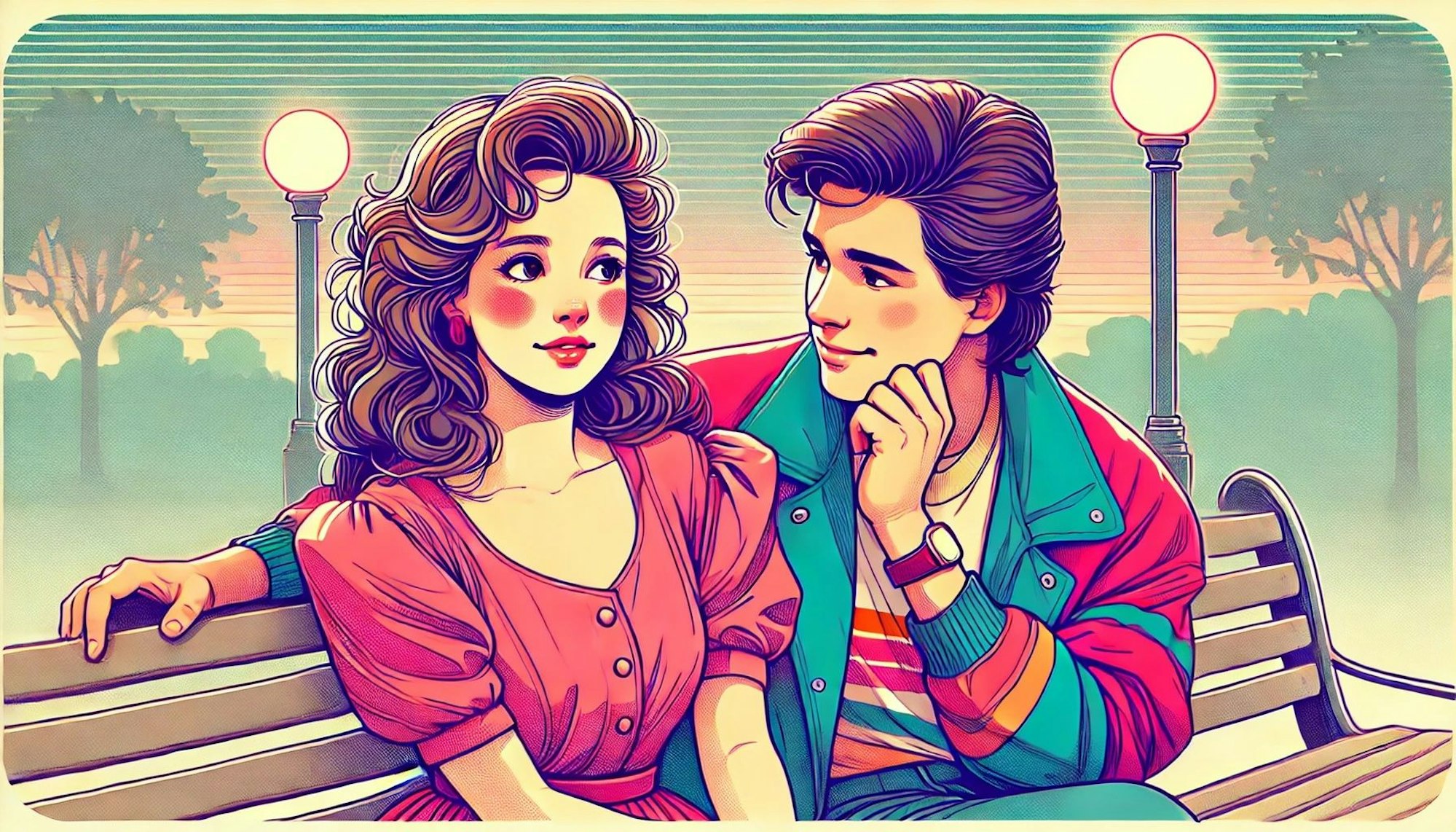 Junger Mann und junge Frau sitzen auf einer Parkbank und flirten beim Date. Bild im Comic-Stil.