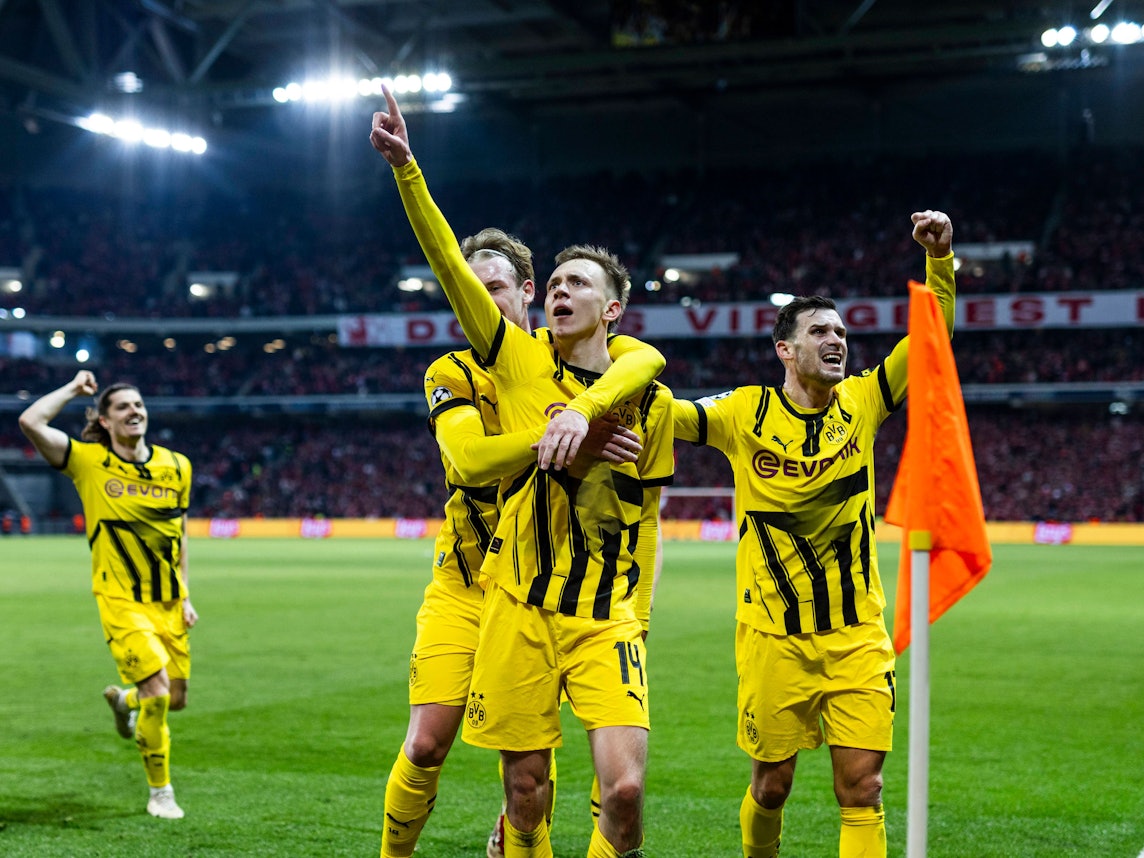 Die Spieler von Borussia Dortmund bejubelten am Mittwochabend (12. März 2025) den Treffer zum 2:1 gegen Lille.
