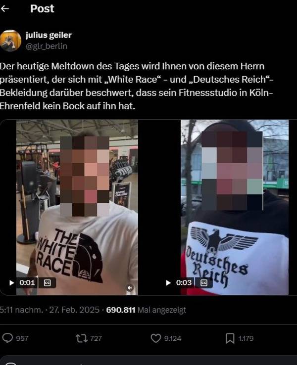 Auf zwei Fotos trägt ein Mann ein T-Shirt mit dem Aufdruck The White Race beziehungsweise Deutsches Reich.