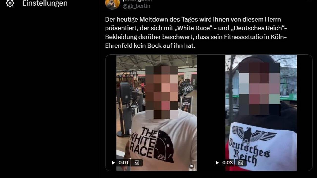Auf zwei Fotos trägt ein Mann ein T-Shirt mit dem Aufdruck The White Race beziehungsweise Deutsches Reich.