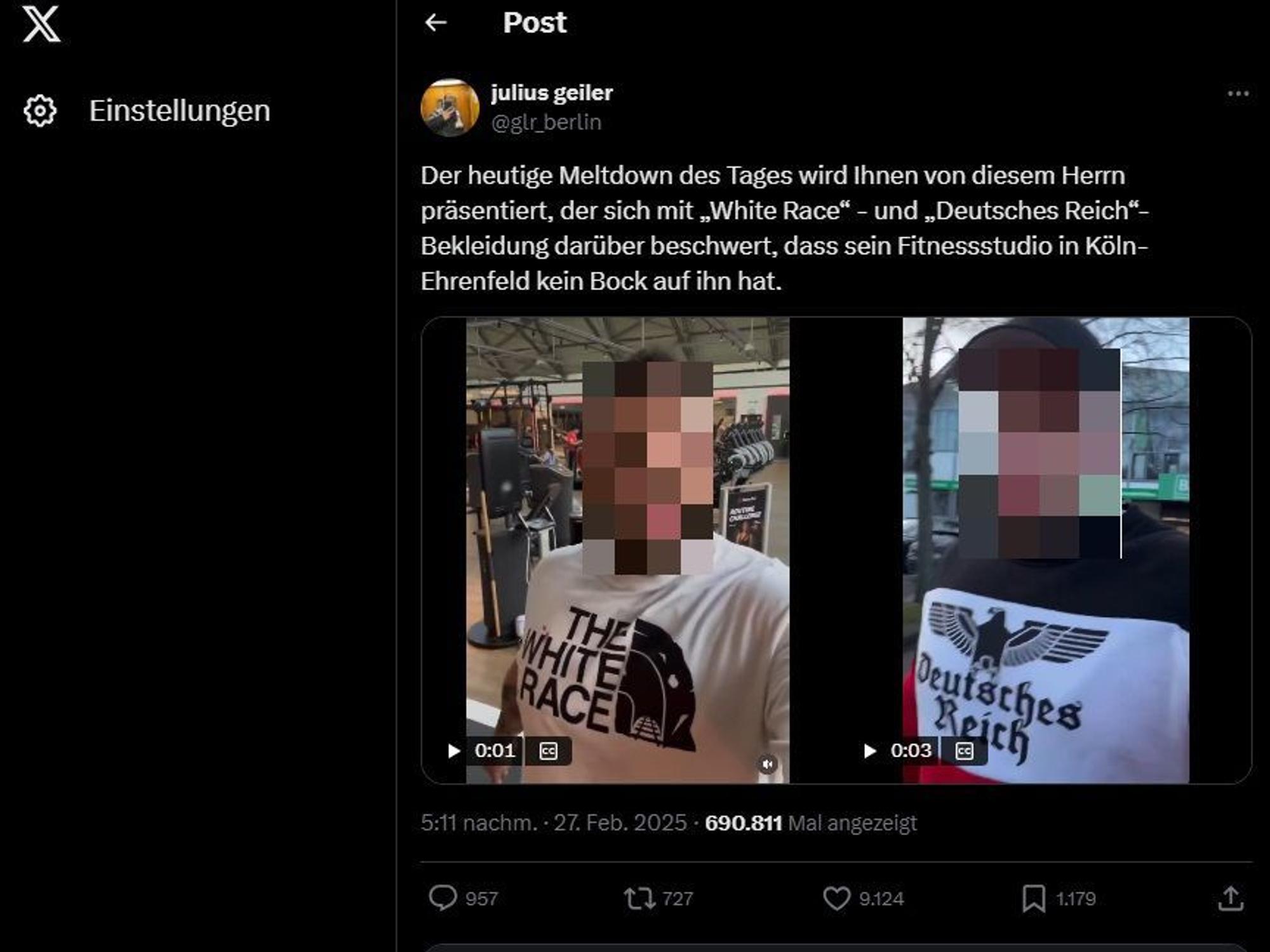 Auf zwei Fotos trägt ein Mann ein T-Shirt mit dem Aufdruck The White Race beziehungsweise Deutsches Reich.