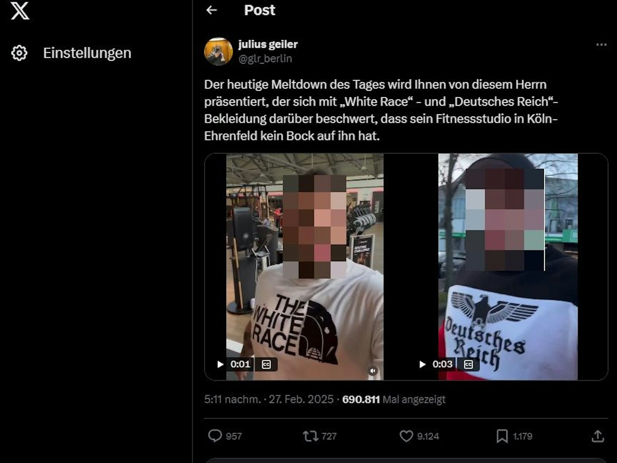 Ein Screenshot eines Posts auf X, der einen Mann in T-Shirts mit dem Aufdruck „The White Race“ sowie „Deutsches Reich“ zu sehen.