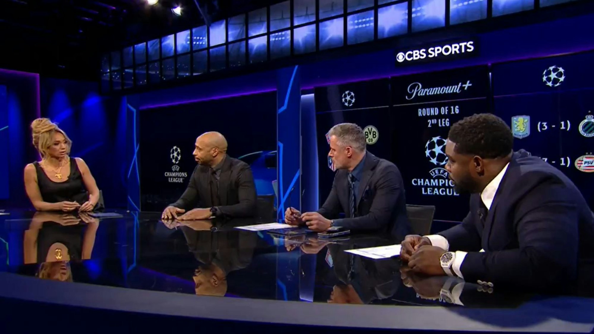 Kate Scott mit den drei Experten Thierry Henry, Jamie Carragher und Micah Richards im Studio.