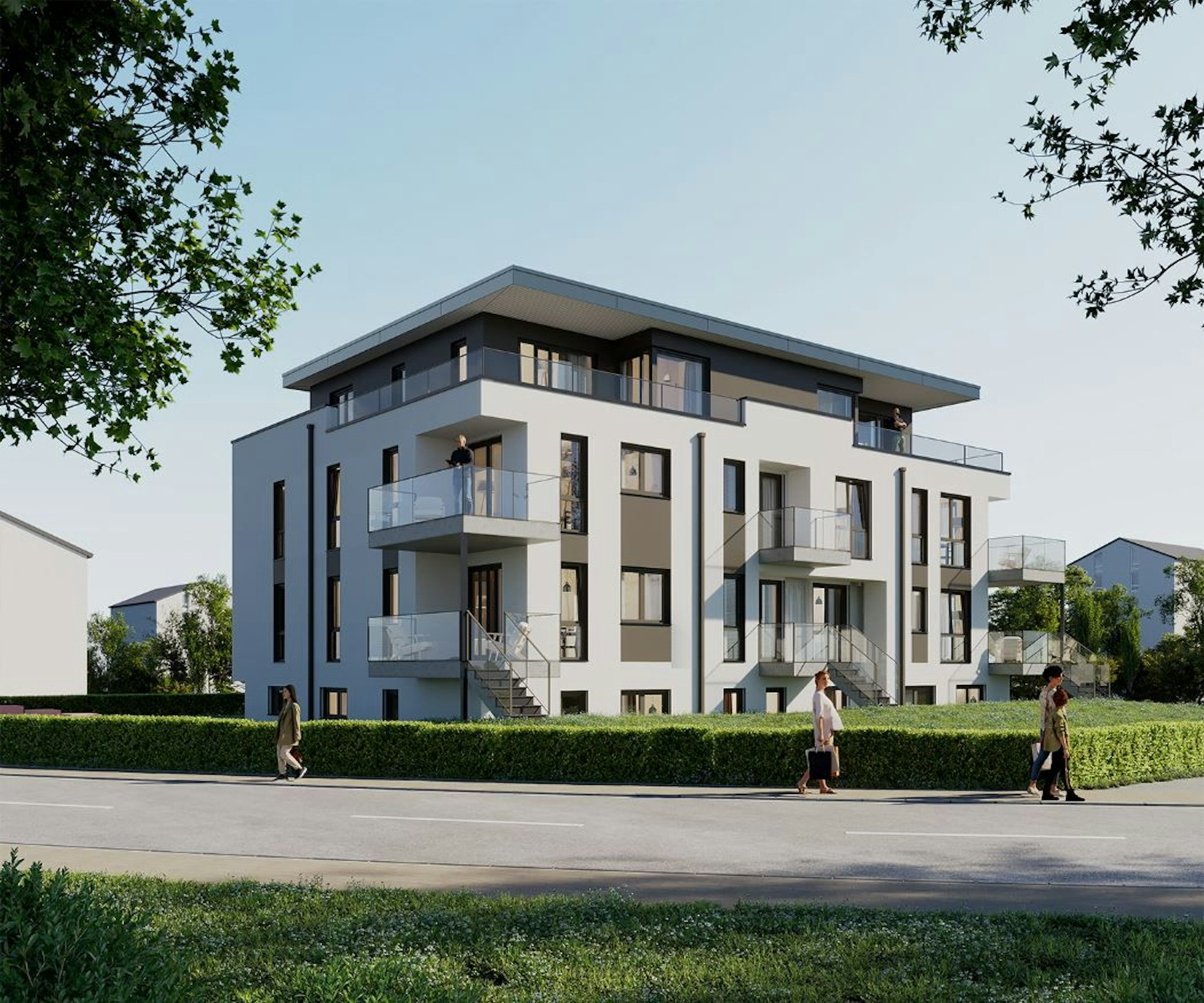Blick auf die Rückseite der Neubau-Eigentumswohnungen am THUJAWEG 12.