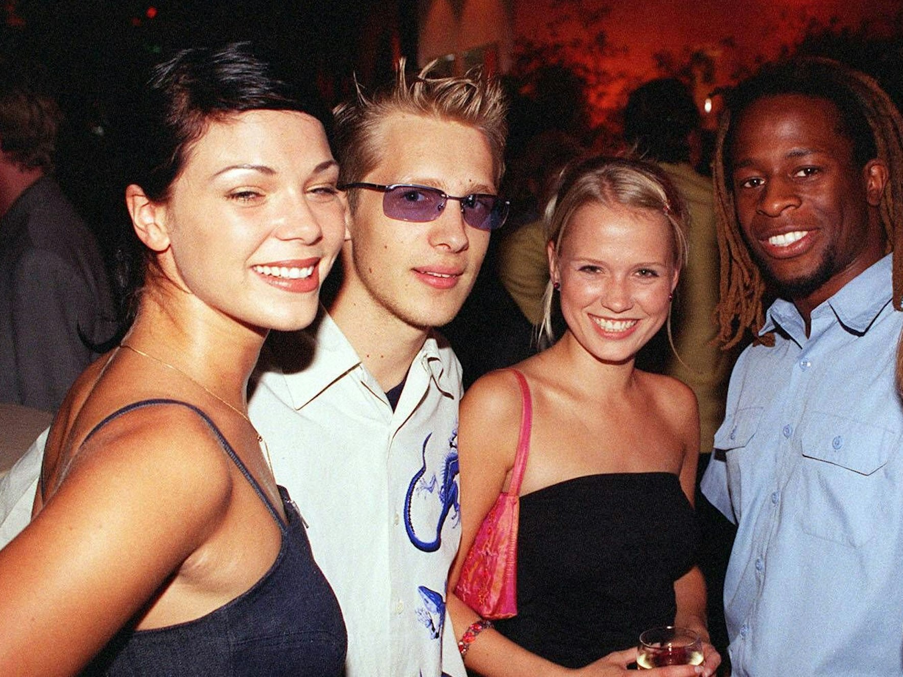 Schauspielerin Jessica Schwarz, Moderatoren Oliver Pocher, Nova Meierhenrich, Mola Adebisi während der TV Movie Party in Düsseldorf im August 2000